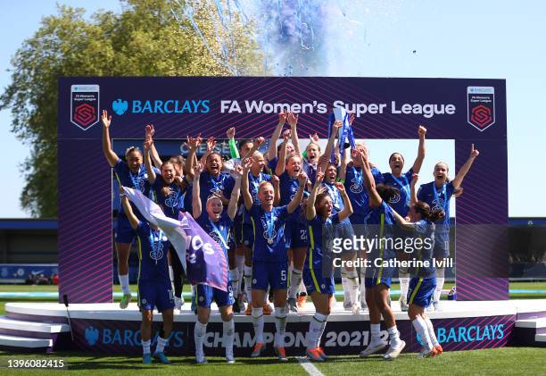 Magdalena Eriksson of Chelsea lifts the Barclays Women's Super League trophy following their side's victory during the Barclays FA Women's Super...