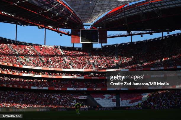 Benfica fans seen in the stadium during the Liga Portugal Bwin match between SL Benfica and FC Porto at Estadio da Luz on May 7, 2022 in Lisbon,...