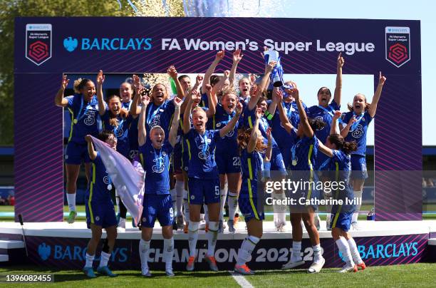 Magdalena Eriksson of Chelsea lifts the Barclays Women's Super League trophy following their side's victory during the Barclays FA Women's Super...
