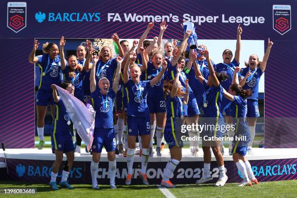 Magdalena Eriksson of Chelsea lifts the Barclays Women's Super League trophy following their side's victory during the Barclays FA Women's Super...