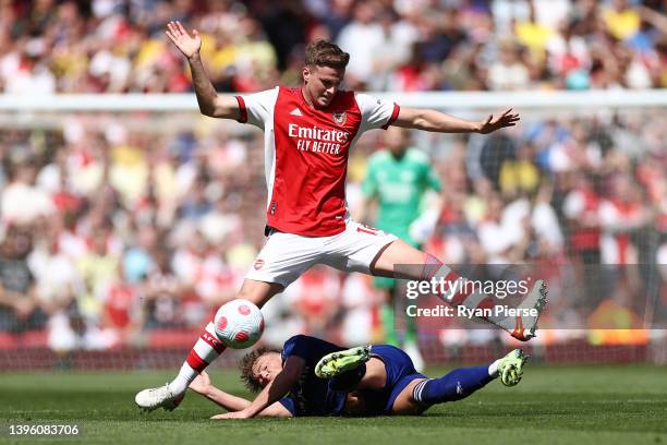 Rob Holding of Arsenal is challenged by Joe Gelhardt of Leeds United during the Premier League match between Arsenal and Leeds United at Emirates...