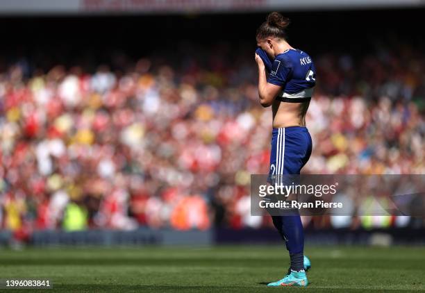 Luke Ayling of Leeds United reacts during the Premier League match between Arsenal and Leeds United at Emirates Stadium on May 08, 2022 in London,...