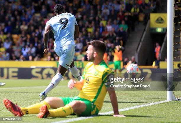 Michail Antonio of West Ham United s2gduring the Premier League match between Norwich City and West Ham United at Carrow Road on May 08, 2022 in...