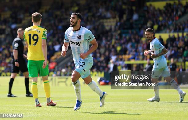 Said Benrahma of West Ham United celebrates after scoring their team's third goal during the Premier League match between Norwich City and West Ham...