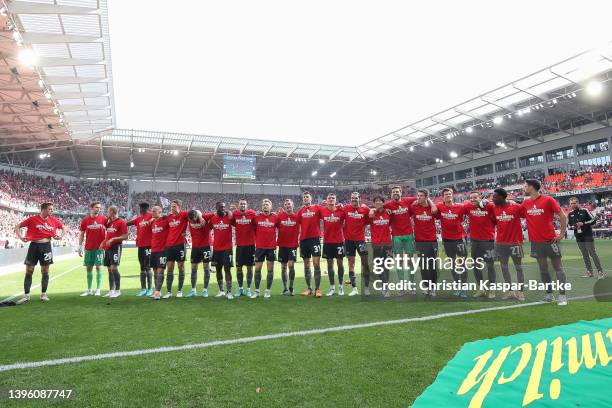 Players of FC Union Berlin celebrate victory with fans after the Bundesliga match between Sport-Club Freiburg and 1. FC Union Berlin at Europa-Park...