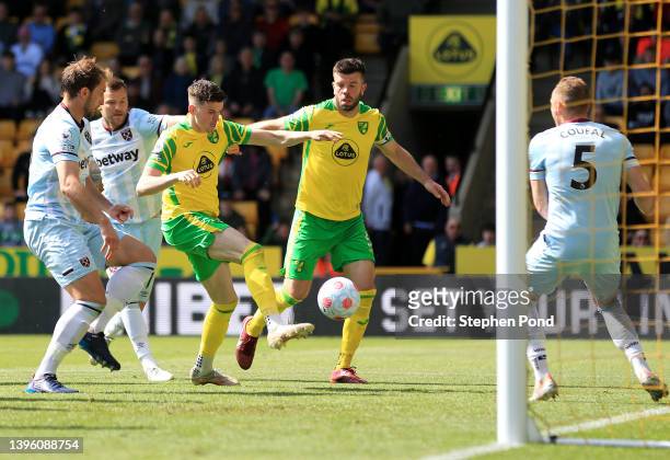 Sam Byram of Norwich City scores a goal which was later disallowed for handball during the Premier League match between Norwich City and West Ham...
