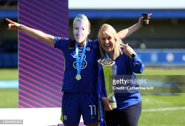 Guro Reiten of Chelsea, wearing a mask of Emma Hayes, poses with Emma Hayes manager of Chelsea following the Barclays FA Women's Super League match...