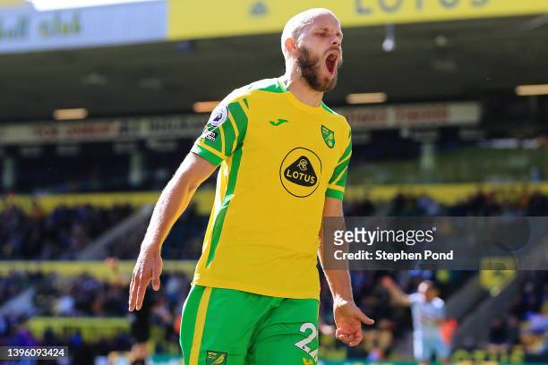 Teemu Pukki of Norwich City reacts after losing possession during the Premier League match between Norwich City and West Ham United at Carrow Road on...