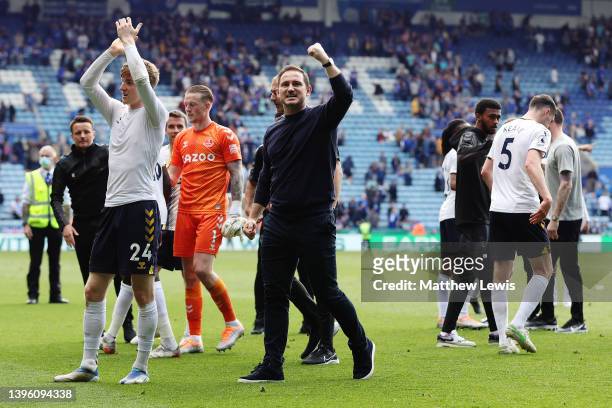 Frank Lampard, Manager of Everton acknowledges the fans after their sides victory during the Premier League match between Leicester City and Everton...