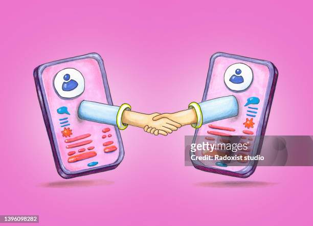 two mobiles handshake communication  illustration drawing - sharing economy stock pictures, royalty-free photos & images