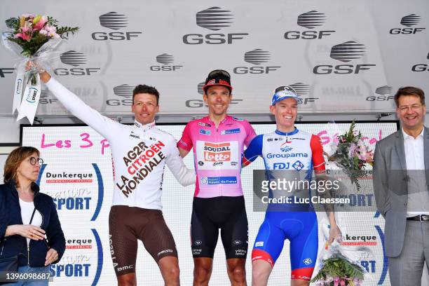 Oliver Naesen of Belgium and AG2R Citröen Team on second place, race winner Philippe Gilbert of Belgium and Team Lotto Soudal Pink Leader Jersey and...