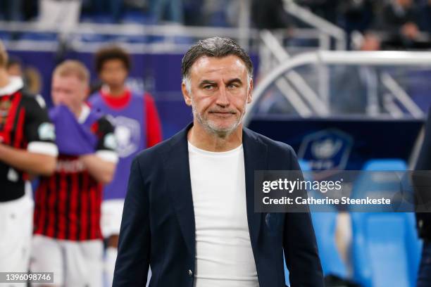 Christophe Galtier Head Coach of OGC Nice is upset about the loss of the French Cup Final match between OGC Nice and FC Nantes at Stade de France on...