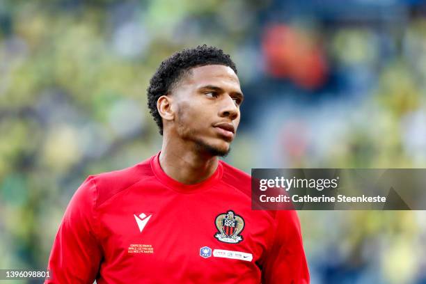 Jean Clair Todibo of OGC Nice warms up before the French Cup Final match between OGC Nice and FC Nantes at Stade de France on May 7, 2022 in Paris,...