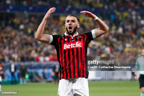 Amine Gouiri of OGC Nice reacts to a play during the French Cup Final match between OGC Nice and FC Nantes at Stade de France on May 7, 2022 in...