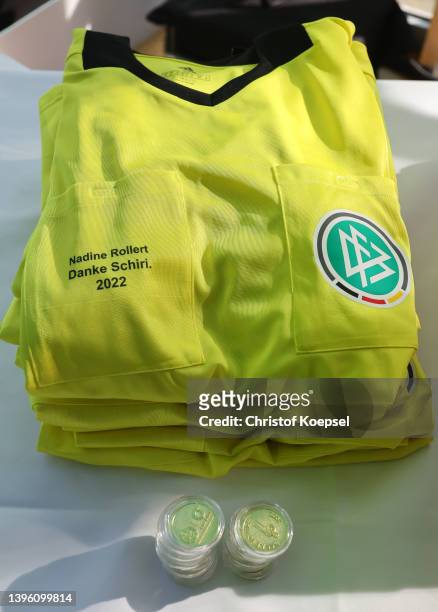 Referee jerseys as a present are seen prior to the "Danke Schiri" awarding ceremony at DFB headquarters on May 07, 2022 in Frankfurt am Main, Germany.