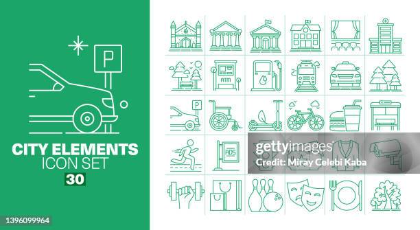 city elements line icons set - bus stop stock illustrations