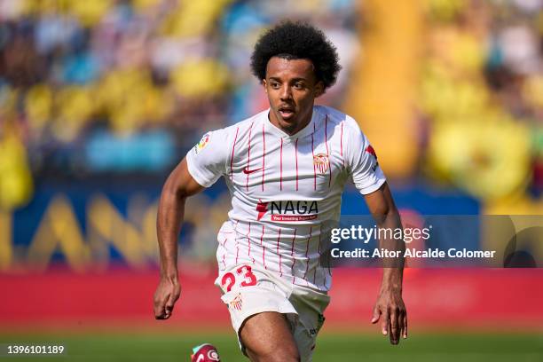 Jules Kounde of Sevilla FC looks on during the La Liga Santander match between Villarreal CF and Sevilla FC at Estadio de la Ceramica on May 08, 2022...