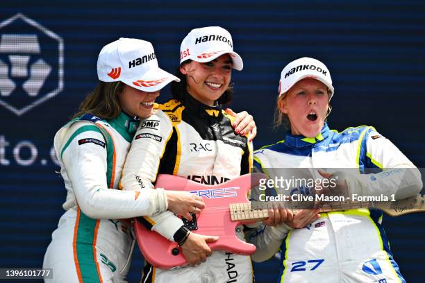 Race winner Jamie Chadwick of Great Britain and Jenner Racing , Second placed Nerea Marti of Spain and Quantfury W Series Team and Third placed Alice...