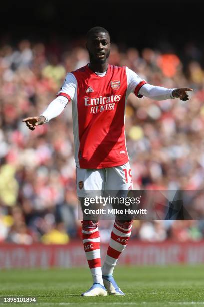 Nicolas Pepe of Arsenal gestures during the Premier League match between Arsenal and Leeds United at Emirates Stadium on May 08, 2022 in London,...