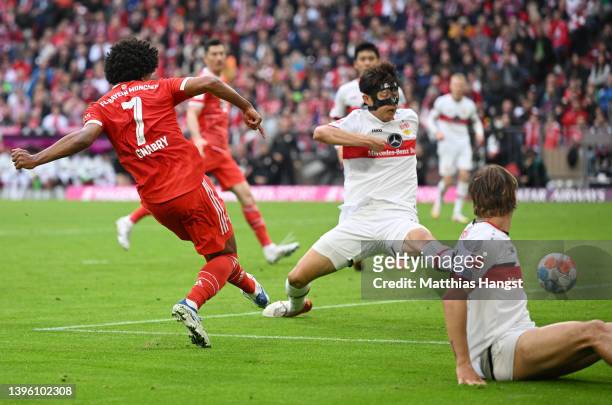 Serge Gnabry of FC Bayern Muenchen scores their team's first goal during the Bundesliga match between FC Bayern München and VfB Stuttgart at Allianz...