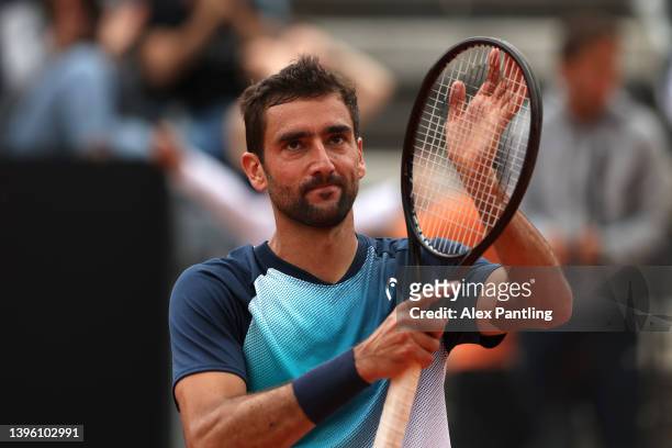 Marin Cilic of Croatia celebrates victory during their men's singles first round match match against Matteo Arnaldi of Italy on day one of the...
