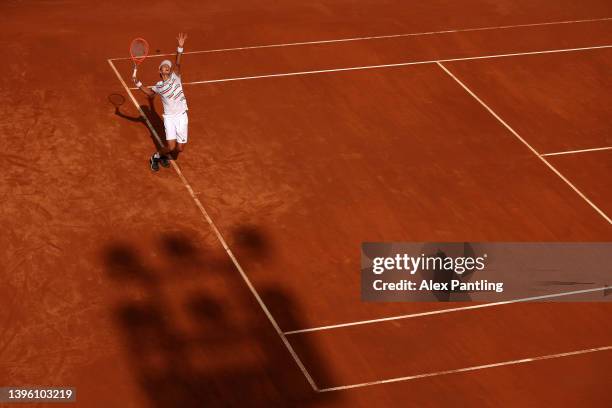 Matteo Arnaldi of Italy serves during their men's singles first round match match against Marin Cilic of Croatia on day one of the Internazionali BNL...