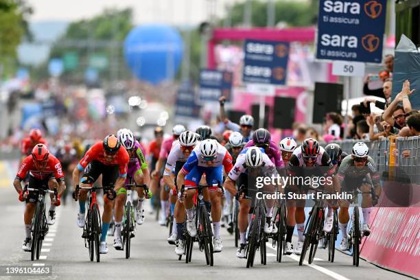 Mark Cavendish of United Kingdom and Team Quick-Step - Alpha Vinyl, Caleb Ewan of Australia and Team Lotto Soudal, Arnaud Demare of France and Team...