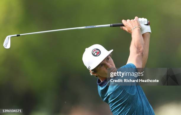 Thorbjorn Olesen of Denmark plays his second shot on the 18th hole during the final round of the Betfred British Masters hosted by Danny Willett at...