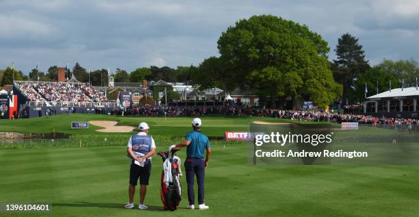 Thorbjorn Olesen of Denmark prepares to play his second shot on the 18th hole during the final round of the Betfred British Masters hosted by Danny...