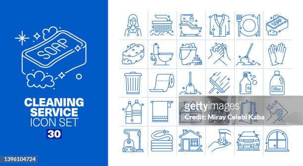 cleaning service line icons set - housekeeping icon stock illustrations