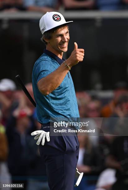 Thorbjorn Olesen of Denmark celebrates winning the Betfred British Masters hosted by Danny Willett at The Belfry on May 08, 2022 in Sutton Coldfield,...