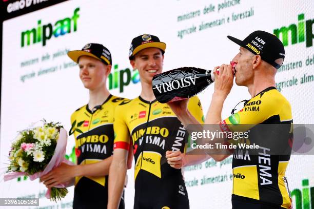 Jos Van Emden of Netherlands and Team Jumbo - Visma drinks champagne to celebrates winning super team trophy on the podium ceremony after the 105th...