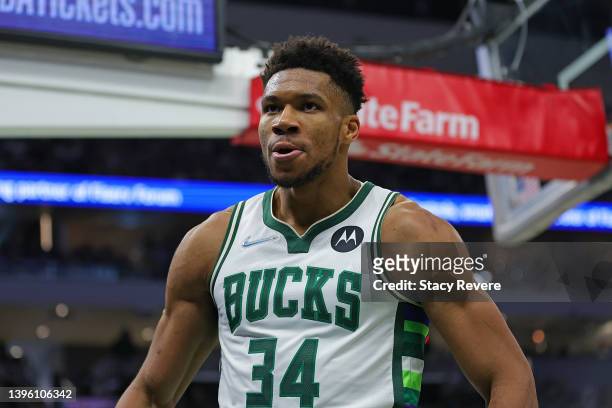 Giannis Antetokounmpo of the Milwaukee Bucks reacts to a score against the Boston Celtics during Game Three of the Eastern Conference Semifinals at...