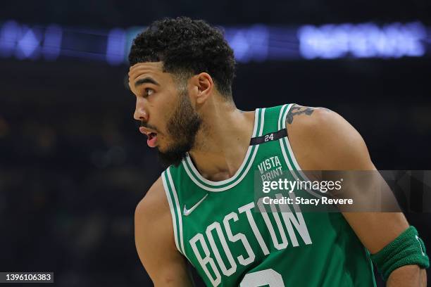 Jayson Tatum of the Boston Celtics watches action against the Milwaukee Bucks during Game Three of the Eastern Conference Semifinals at Fiserv Forum...