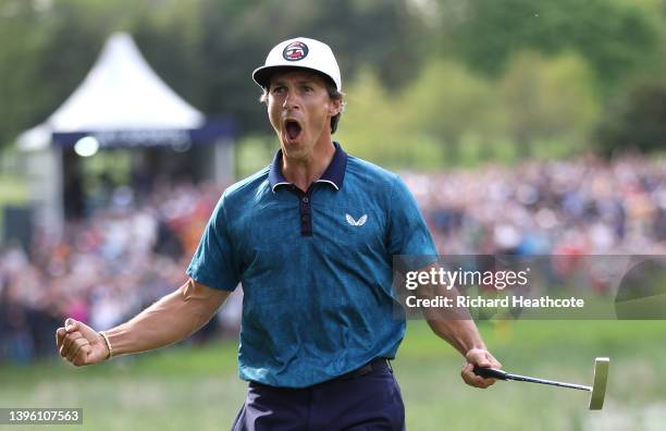 Thorbjorn Olesen of Denmark celebrates winning the Betfred British Masters hosted by Danny Willett at The Belfry on May 08, 2022 in Sutton Coldfield,...