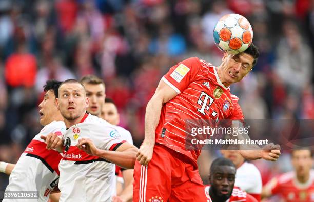 Robert Lewandowski of FC Bayern Muenchen jumps for the ball with Waldemar Anton of VfB Stuttgart during the Bundesliga match between FC Bayern...