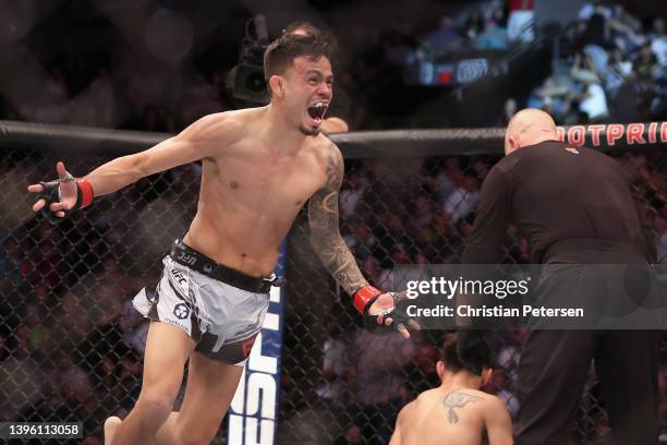 Brandon Royval celebrates after his victory over Matt Schnell in their flyweight bout during UFC 274 at Footprint Center on May 07, 2022 in Phoenix,...