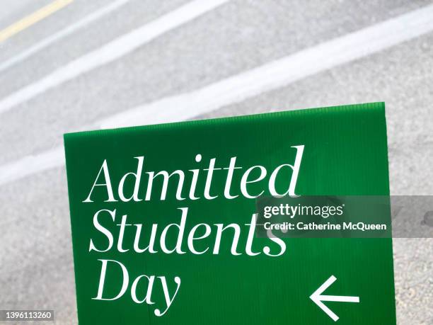“admitted students day” sign beside road - college admission stock pictures, royalty-free photos & images
