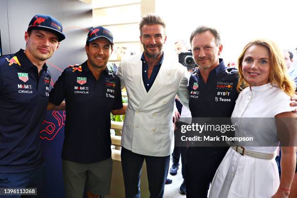 Max Verstappen of the Netherlands and Oracle Red Bull Racing, Sergio Perez of Mexico and Oracle Red Bull Racing, David Beckham, Red Bull Racing Team...