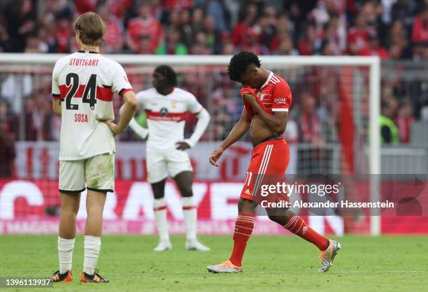 Kingsley Coman of FC Bayern Muenchen leaves the pitch after being red carded during the Bundesliga match between FC Bayern München and VfB Stuttgart...