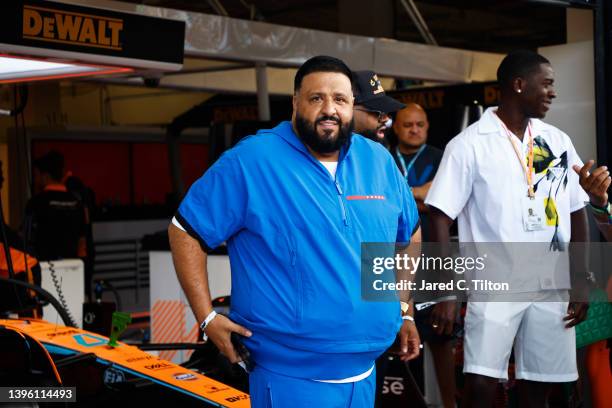 Khaled poses for a photo outside the McLaren garage prior to the F1 Grand Prix of Miami at the Miami International Autodrome on May 08, 2022 in...