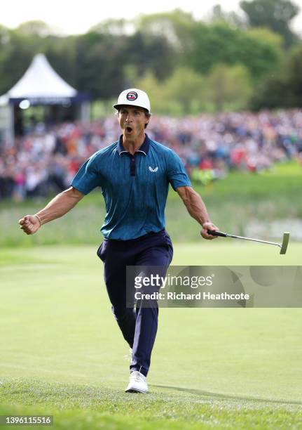 Thorbjorn Olesen of Denmark celebrates as he holes a birdie putt on the 18th green to win the Betfred British Masters hosted by Danny Willett at The...