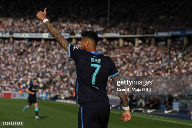 Davie Selke of Hertha BSC reacts during the Bundesliga match between Hertha BSC and 1. FSV Mainz 05 at Olympiastadion on May 07, 2022 in Berlin,...