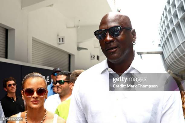 Basketball legend Michael Jordan walks in the Paddock prior to the F1 Grand Prix of Miami at the Miami International Autodrome on May 08, 2022 in...