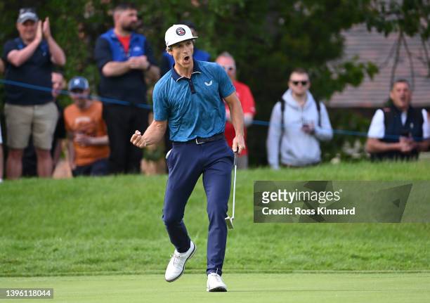 Thorbjorn Olesen of Denmark celebrates an eagle on the 17th green during the final round of the Betfred British Masters hosted by Danny Willett at...