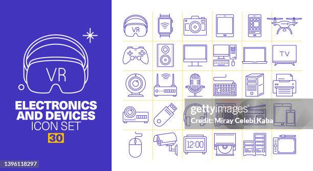 electronics and devices line icons set - store security camera stock illustrations