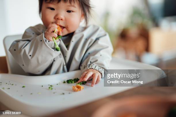 baby girl learning to feed herself with finger foods - feeding fish stock pictures, royalty-free photos & images