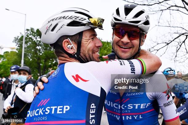 Mark Cavendish of United Kingdom and Pieter Serry of Belgium and Team Quick-Step - Alpha Vinyl celebrate the victory during the 105th Giro d'Italia...