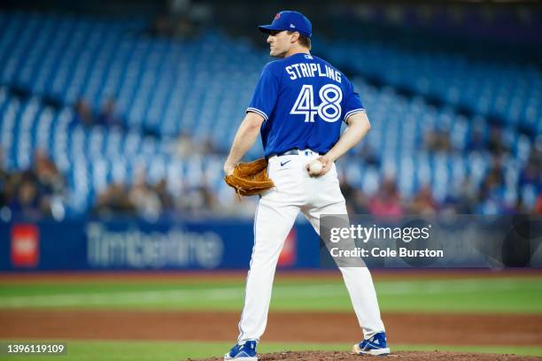 Ross Stripling of the Toronto Blue Jays pitches in the third inning of their MLB game against the New York Yankees at Rogers Centre on May 2, 2022 in...