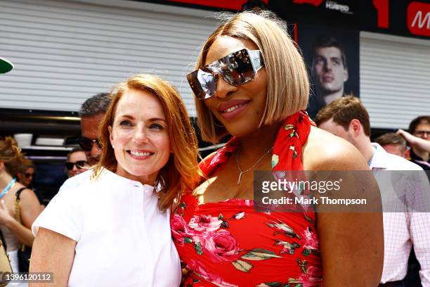 Geri Horner talks with Serena Williams in the Paddock prior to the F1 Grand Prix of Miami at the Miami International Autodrome on May 08, 2022 in...